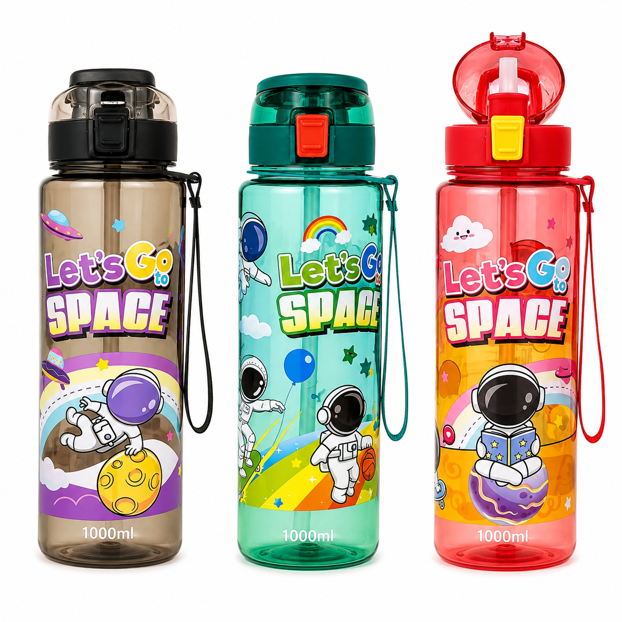 Kids Space Adventure Water Bottle 1000ml with Straw, Flip-Top Lid & Carry Strap - 1pcs