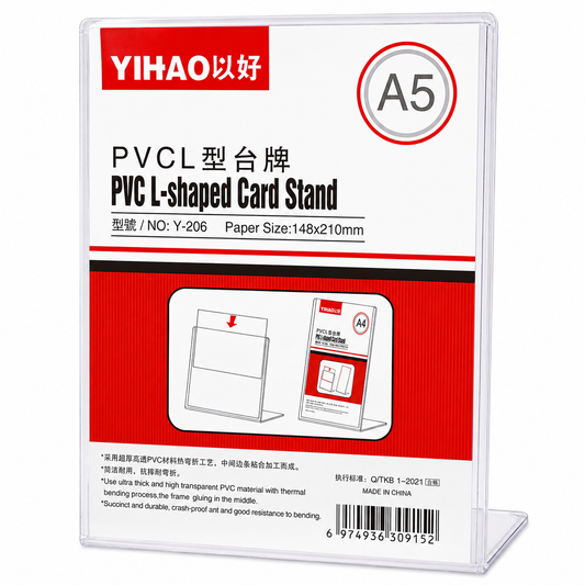 YIHAO A5 PVC L-Shaped Card Stand – Clear Vertical Document & Sign Holder - Size: 148 × 210 mm - No: Y-206
