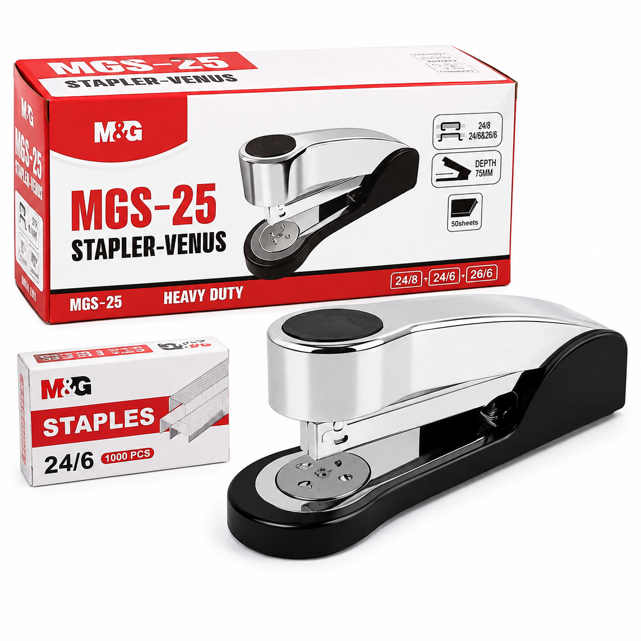 M&G Chenguang MGS-25 Heavy Duty Stapler – Up to 50 Sheets, Compatible with 24/8, 24/6 & 26/6 Staples - 1pcs - No: ABS916JH