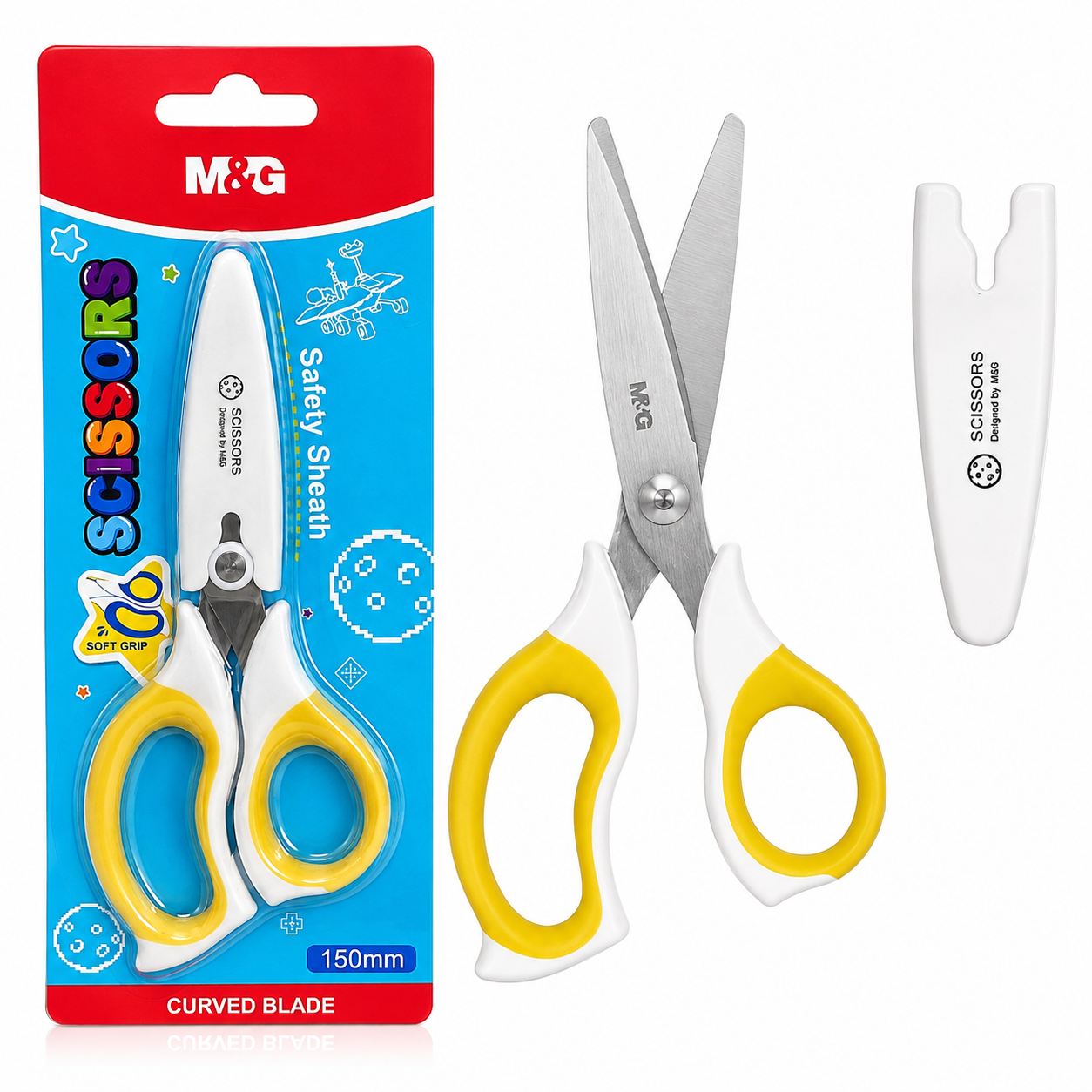 M&G Chenguang Kids Safety Scissors 150mm – Curved Blade, Soft Grip Handle with Protective Safety Sheath - 1pcs - No: ASS913BA