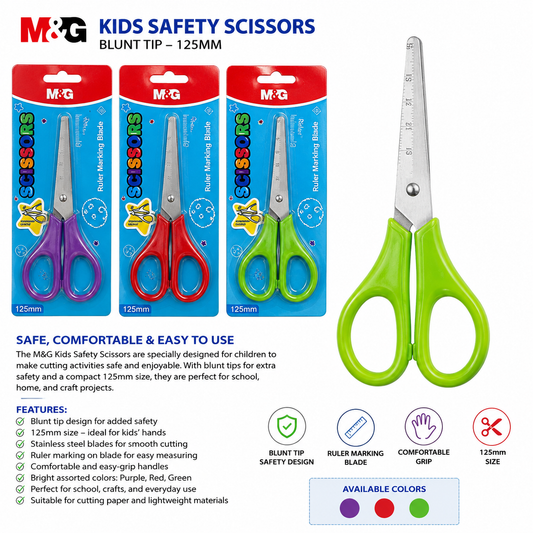 M&G Chenguang Kids Safety Scissors 125mm with Blunt Tip and Ruler Marking Blade – Assorted Colors - 1pcs - No: ASS913BE