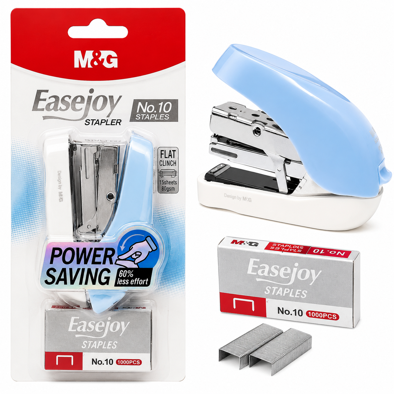 M&G Chenguang EaseJoy No.10 Power Saving Stapler with 1000 Staples – 60% Less Effort, Flat Clinch - 1pcs - No: ABS916NT