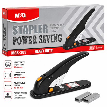M&G Chenguang MGS-305 Heavy Duty Power Saving Stapler, 23/6–23/24 Staples, Up to 60 Sheets - No: ABS916JK