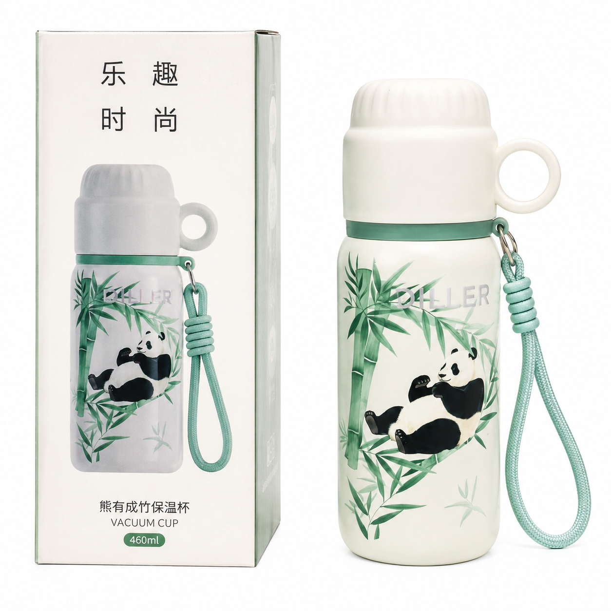 DILLER Panda Vacuum Insulated Stainless Steel Water Bottle and Cup with Strap – 460ml Leakproof Travel Flask