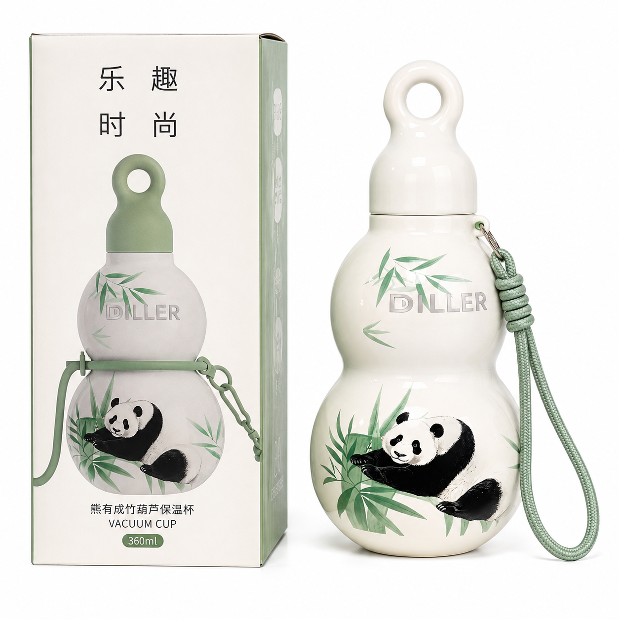 DILLER Gourd-Shaped Vacuum Insulated Stainless Steel Water Bottle with Strap – 360ml Leakproof Flask