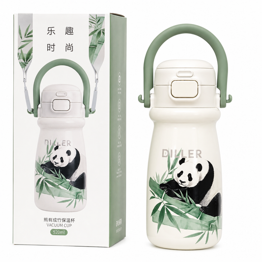 DILLER Panda Vacuum Insulated Water Bottle with Carry Strap & Handle – 520ml