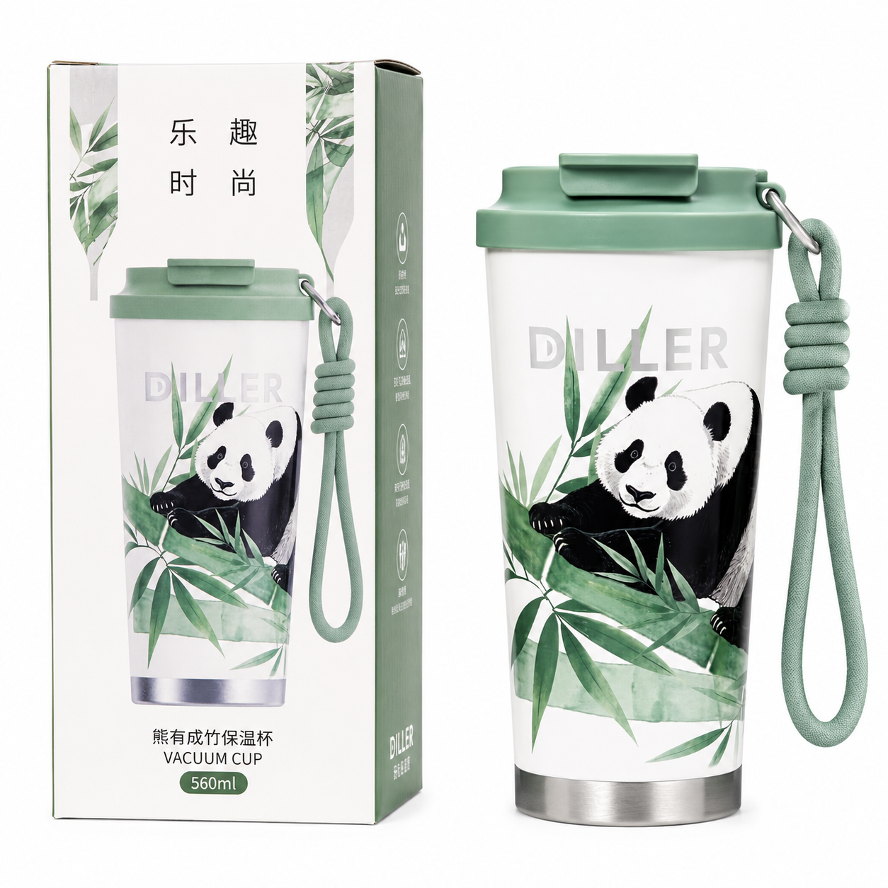 DILLER Panda Vacuum Insulated Travel Tumbler with Lid & Carry Strap – 560ml