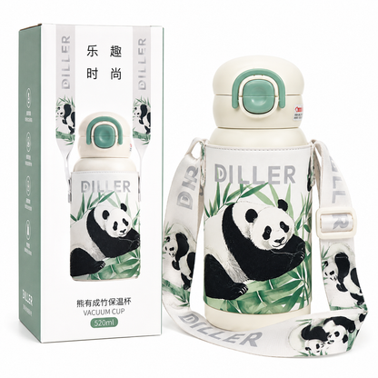 DILLER Panda Vacuum Insulated Water Bottle with Protective Sleeve & Shoulder Strap – 520ml