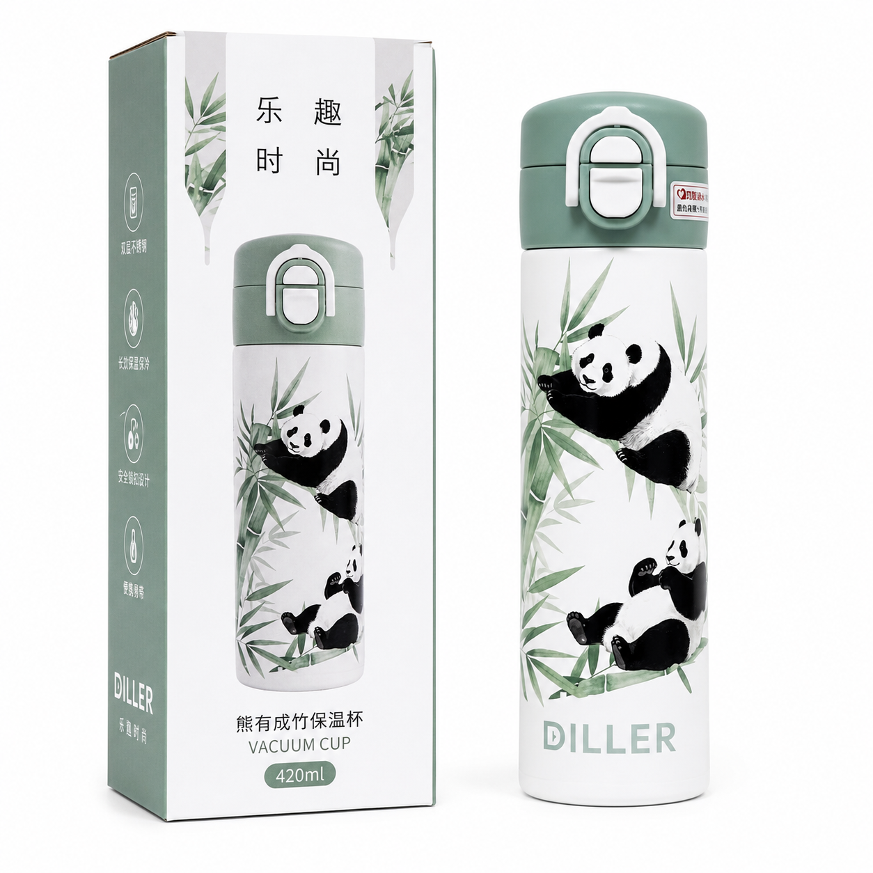 DILLER Panda Vacuum Insulated Water Bottle 420ml – Stainless Steel Thermal Flask with One-Touch Lid
