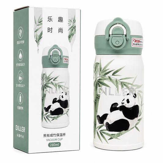 DILLER Panda Vacuum Insulated Water Bottle 280ml – Stainless Steel Thermal Flask with One-Touch Lock Lid
