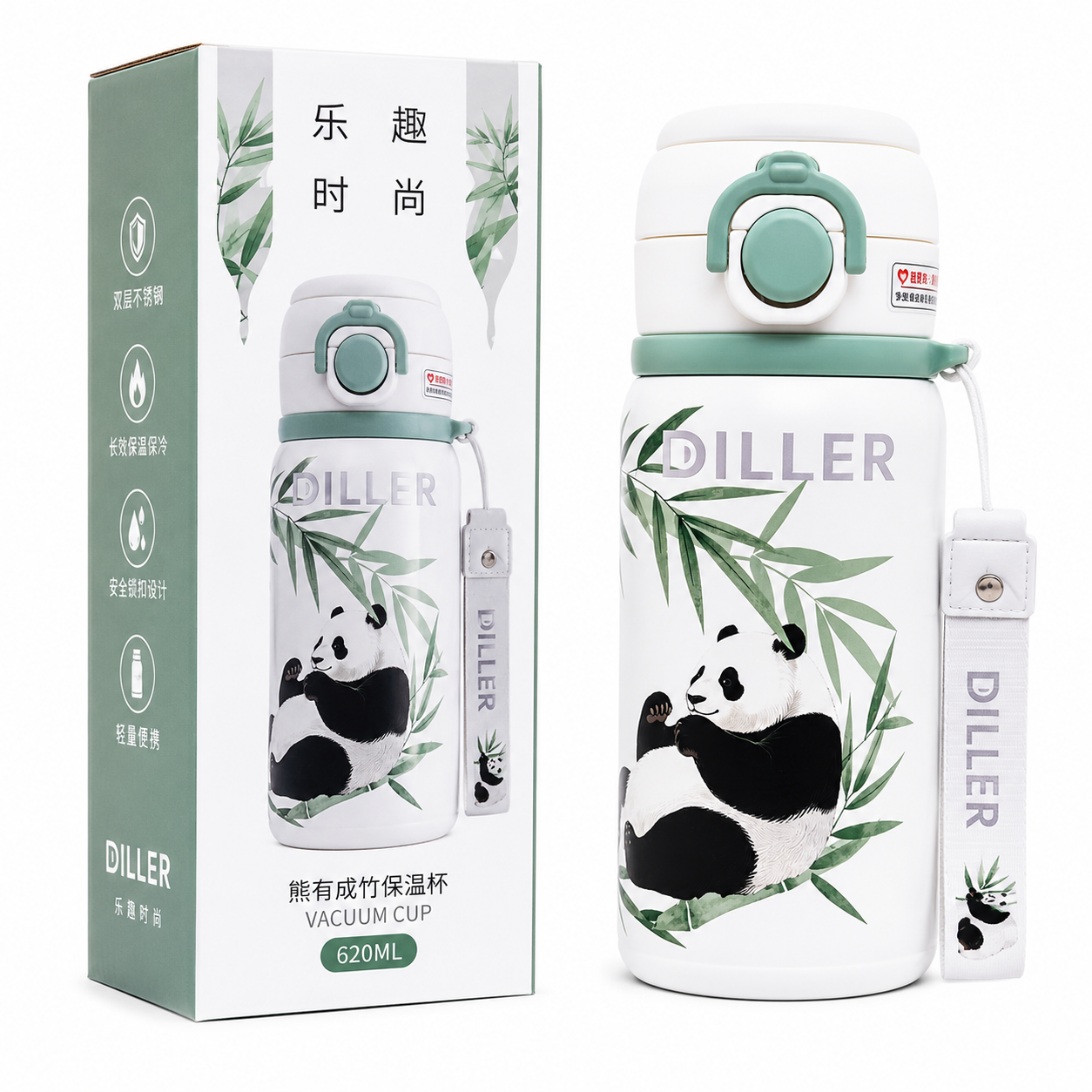 DILLER Panda Vacuum Insulated Water Bottle 620ml – Stainless Steel Thermal Flask with Safety Lock & Wrist Strap