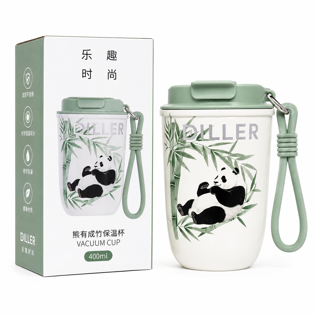 DILLER Panda Vacuum Insulated Travel Mug with Lid & Wrist Strap – 400ml | Stainless Steel Thermal Coffee Cup