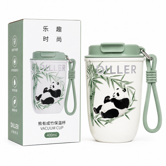 DILLER Panda Vacuum Insulated Travel Mug with Lid & Wrist Strap – 400ml | Stainless Steel Thermal Coffee Cup