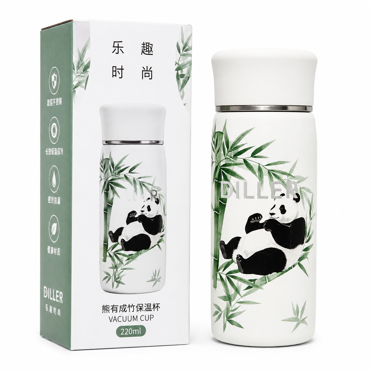 DILLER Panda Vacuum Insulated Bottle – 220ml Stainless Steel Thermal Flask | Compact Travel Coffee & Tea Bottle