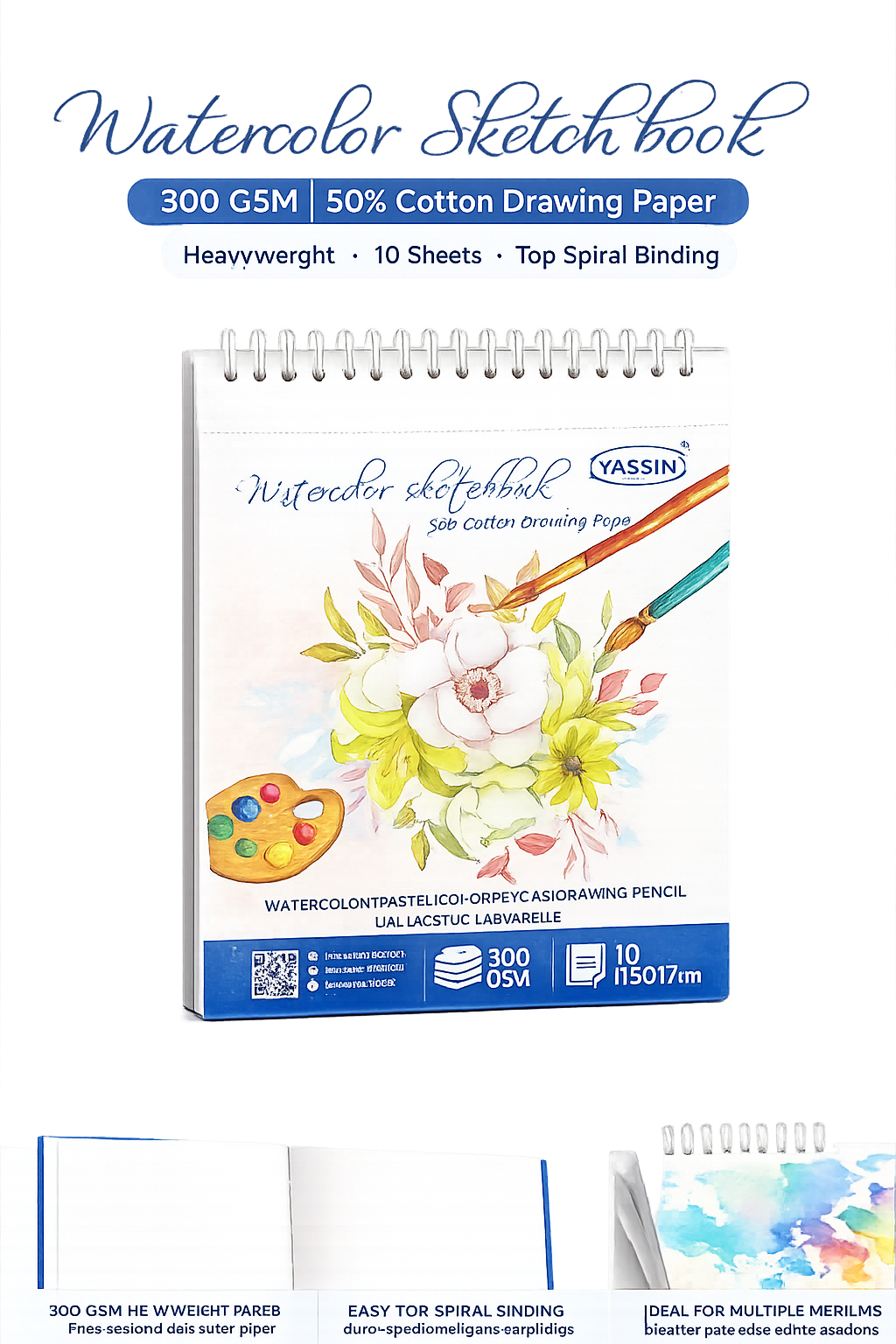 YASSIN Watercolor Sketchbook – 300 GSM, 50% Cotton Drawing Paper, 10 Sheets, Spiral Bound, 17.5 × 21.7 cm