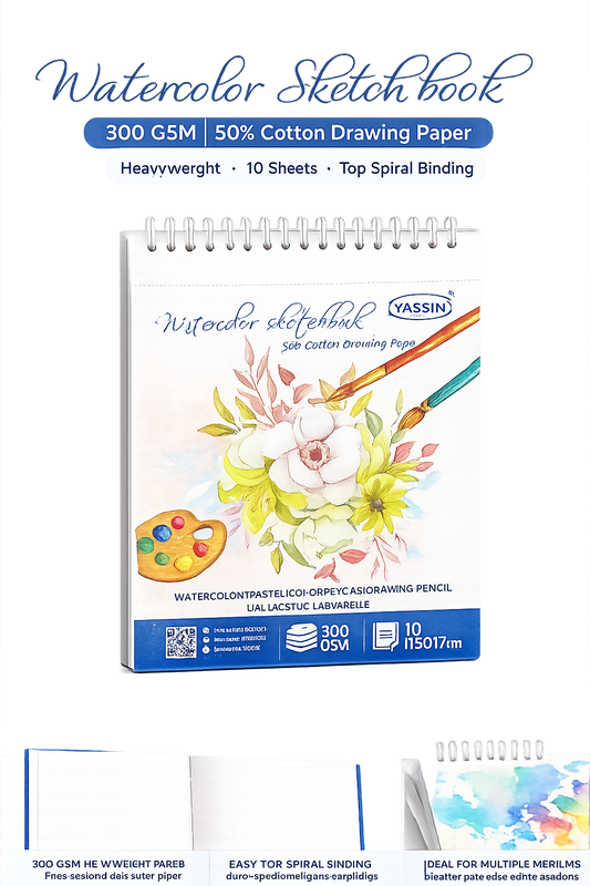 YASSIN Watercolor Sketchbook – 300 GSM, 50% Cotton Drawing Paper, 10 Sheets, Spiral Bound, 17.5 × 21.7 cm