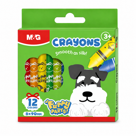 M&G Chenguang Puppy Party Crayons – 12 Colors Jumbo Wax Crayons (8 × 90 mm) | Smooth Coloring for Kids - No: AGMX4242