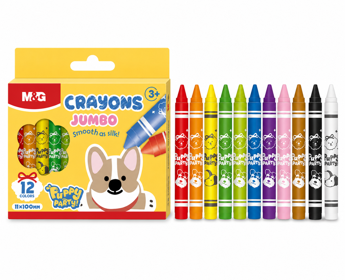 M&G Chenguang Puppy Party Jumbo Crayons – 12 Colors Jumbo Wax Crayon Set (11 × 100 mm) | Easy-Grip Coloring Crayons for Kids - No:AGMX4241