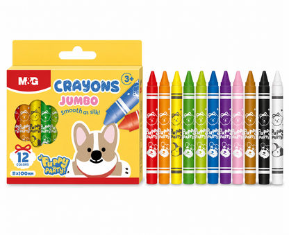 M&G Chenguang Puppy Party Jumbo Crayons – 12 Colors Jumbo Wax Crayon Set (11 × 100 mm) | Easy-Grip Coloring Crayons for Kids - No:AGMX4241