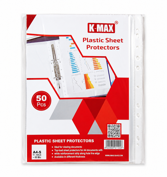 K-MAX A4 Plastic Sheet Protectors – 50 Pack, 60 - 50 - 80 Micron, 11-Hole Clear Document Sleeves for Ring Binders