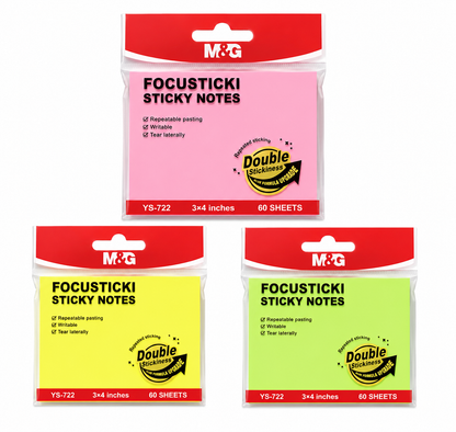 M&G Chenguang FocusTicki Sticky Notes 3 × 4 Inches – 60 Sheets, Repositionable Self-Adhesive Memo Pads, Assorted Neon Colors - 1pcs - No: YS-722