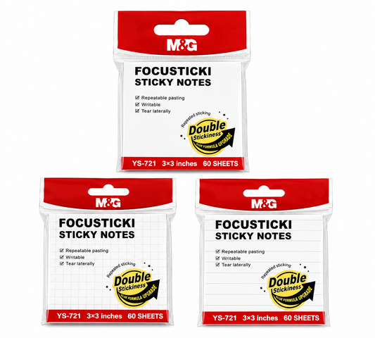 M&G Chenguang FocusTicki Sticky Notes 3 × 3 Inches, 60 Sheets, White (Plain / Lined / Grid), Repositionable Self-Adhesive Memo Pads- 1pcs – No: YS-721
