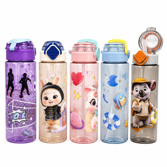 Kids Cartoon Water Bottle with Built-In Straw & One-Touch Flip Lid – 750ml - 1pcs - Assorted Color