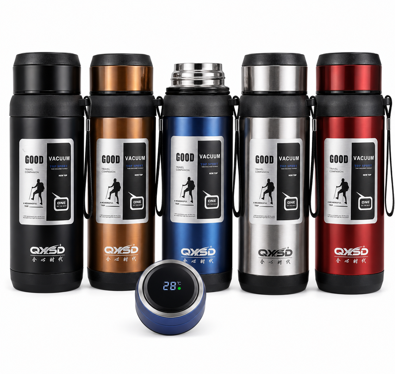 QXSD Stainless Steel Vacuum Flask with Carrying Strap & Cup Lid – 1000ml – Double Wall Insulated Travel Bottle