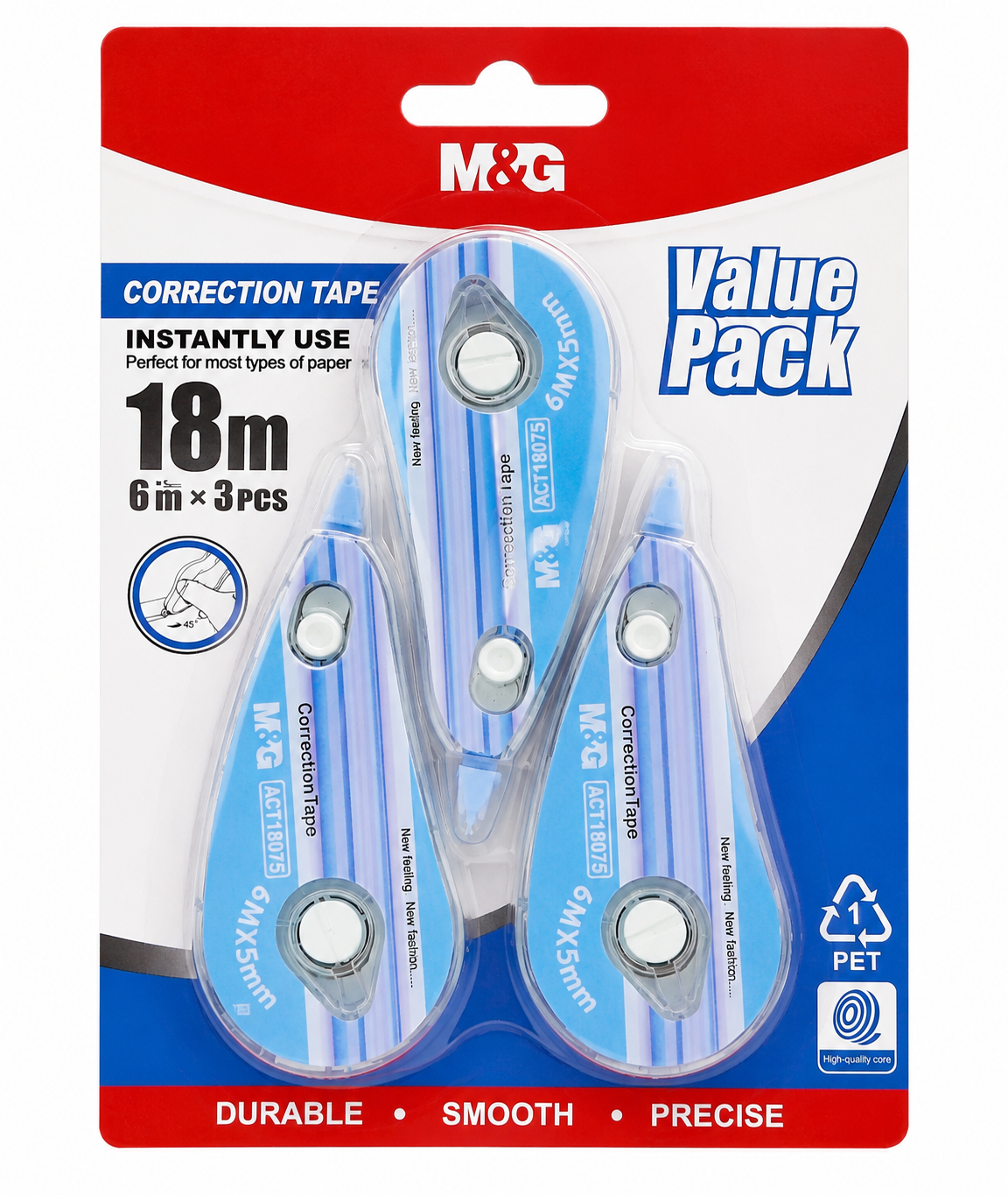 M&G Chenguang Correction Tape Value Pack – 3 Pack, 6m x 5mm Each, Instant Dry White Correction Tape for School, Office & Home - 1 Pack - No:ACT18080