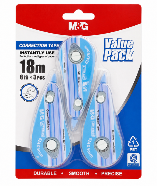 M&G Chenguang Correction Tape Value Pack – 3 Pack, 6m x 5mm Each, Instant Dry White Correction Tape for School, Office & Home - 1 Pack - No:ACT18080