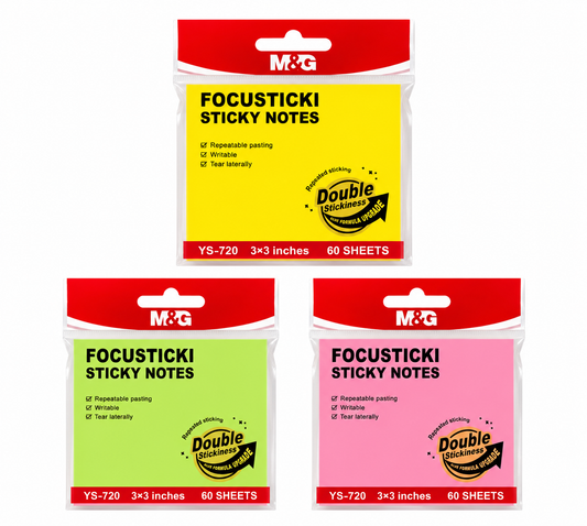 M&G Chenguang FOCUSTICKI Sticky Notes 3 × 3 Inches – 60 Sheets, Repositionable Self-Adhesive Memo Pads, Assorted Neon Colors - No: YS-720