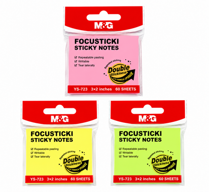 M&G Chenguang FOCUSTICKI Sticky Notes 3 × 2 Inches – 60 Sheets, Repositionable Self-Adhesive Memo Pads, Assorted Neon Colors - 1pcs - No: YS-723