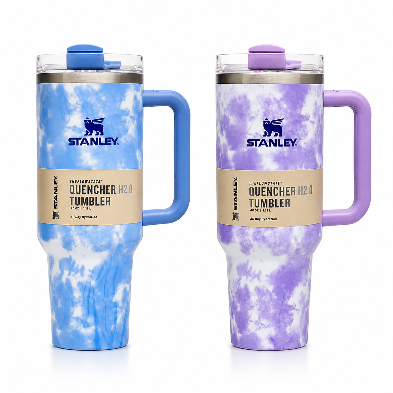 Stanley Quencher H2.0 Tie-Dye Tumbler 40oz (1.18L) – Vacuum Insulated Stainless Steel Travel Mug with Handle & Lid | Blue & Purple Marble Edition