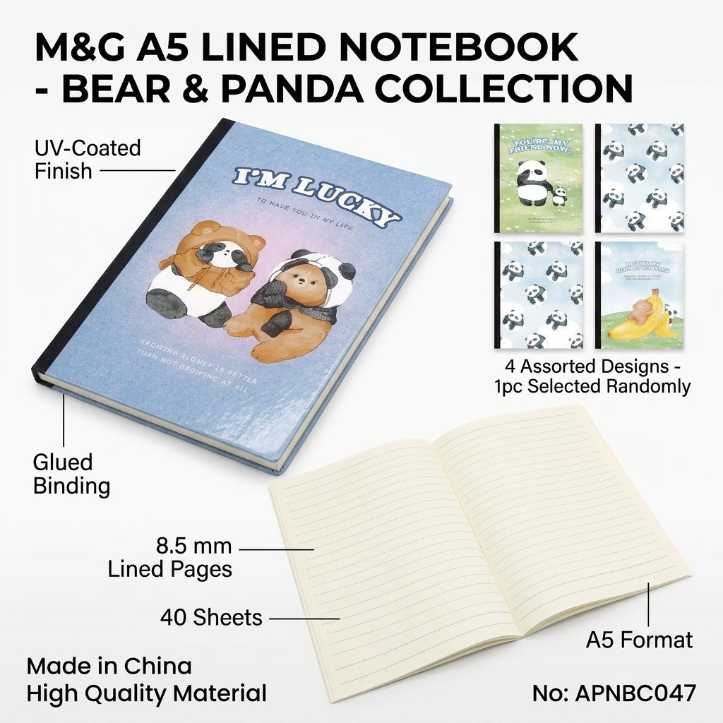 M&G Chenguang A5 Lined Notebook – Bear & Panda Collection, 40 Sheets, 8.5 mm Ruled Pages, 4 Assorted Designs - 1pcs - No: APNBC047