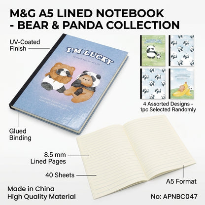 M&G Chenguang A5 Lined Notebook – Bear & Panda Collection, 40 Sheets, 8.5 mm Ruled Pages, 4 Assorted Designs - 1pcs - No: APNBC047