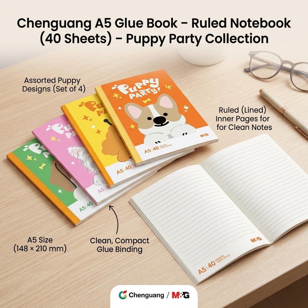 M&G Chenguang A5 Glue Book  – Ruled Notebook, 40 Sheets, 148 × 210 mm, Assorted Puppy Party Designs - 40 Sheets - No: APNBC043