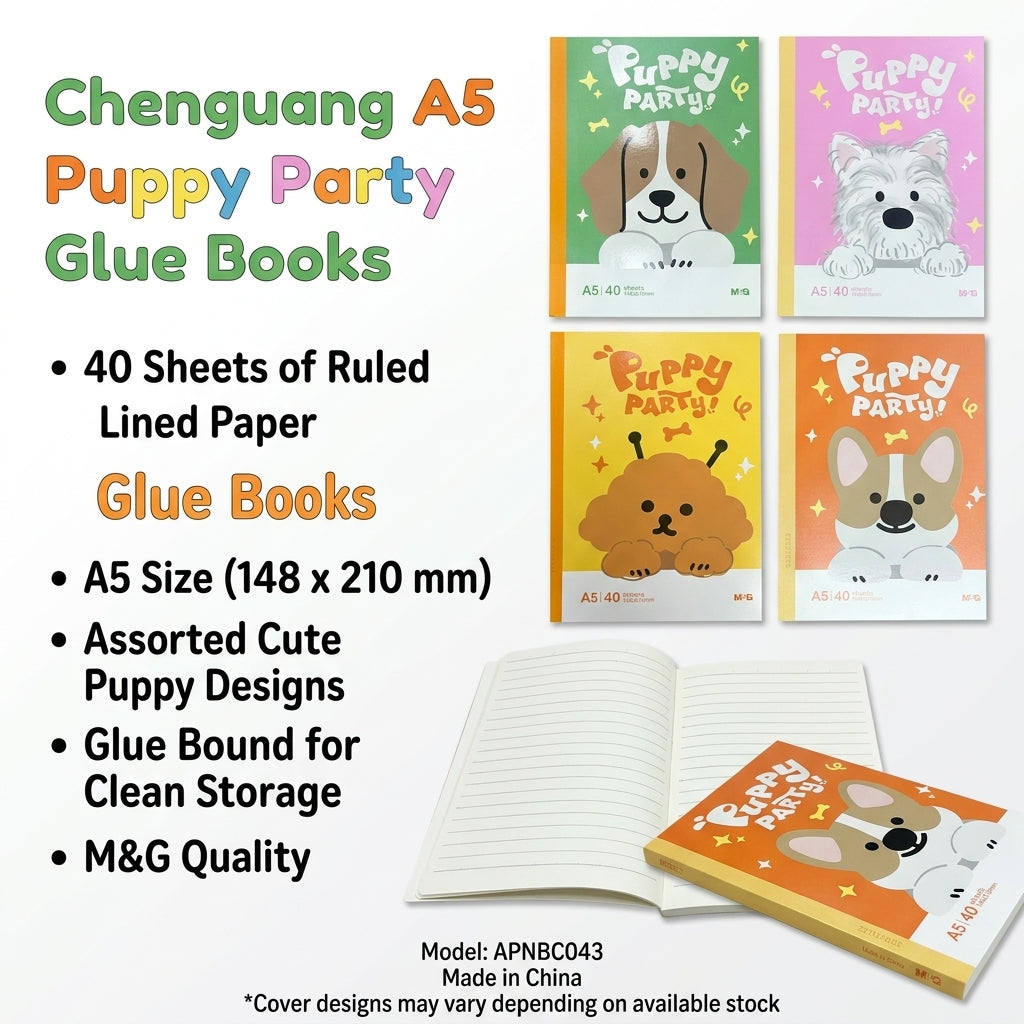 M&G Chenguang A5 Glue Book  – Ruled Notebook, 40 Sheets, 148 × 210 mm, Assorted Puppy Party Designs - 40 Sheets - No: APNBC043