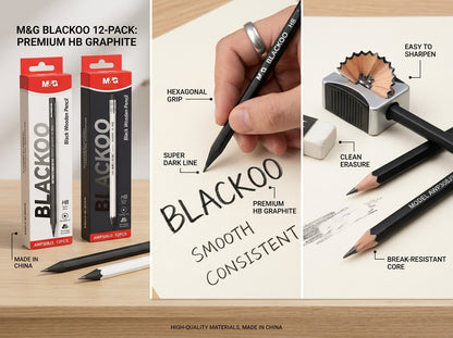 M&G Chenguang Blackoo HB Wooden Pencils – Super Dark Graphite, Break-Resistant Hexagonal Pencils, 12-Pack, School & Office Use  - No: AWP308J3