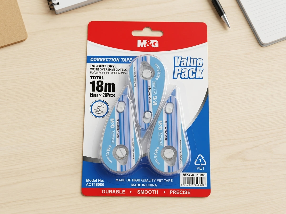 M&G Chenguang Correction Tape Value Pack – 3 Pack, 6m x 5mm Each, Instant Dry White Correction Tape for School, Office & Home - 1 Pack - No:ACT18080