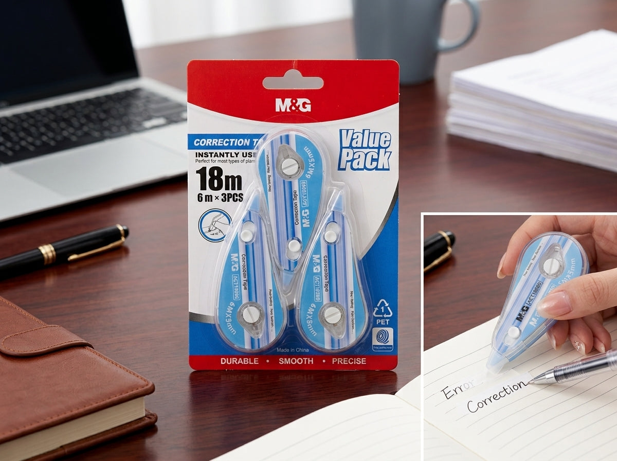 M&G Chenguang Correction Tape Value Pack – 3 Pack, 6m x 5mm Each, Instant Dry White Correction Tape for School, Office & Home - 1 Pack - No:ACT18080