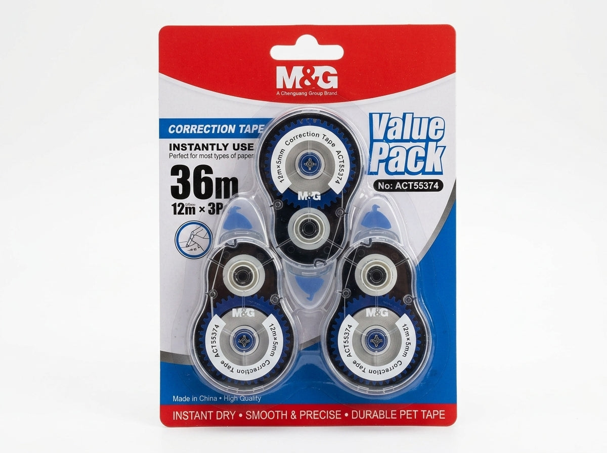 M&G Chenguang Correction Tape Value Pack – 3 Pack, 12m x 5mm Each, Instant Dry White Correction Tape for School, Office & Home - 1 pack - No: ACT55374