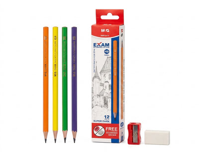 M&G Chenguang Exam HB Wooden Pencils – Super Dark Graphite with Free Sharpener & Eraser, 12-Pack, School & Exam Writing - No: AWP32014