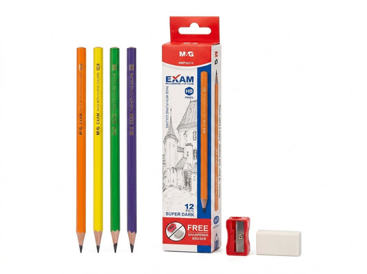 M&G Chenguang Exam HB Wooden Pencils – Super Dark Graphite with Free Sharpener & Eraser, 12-Pack, School & Exam Writing - No: AWP32014