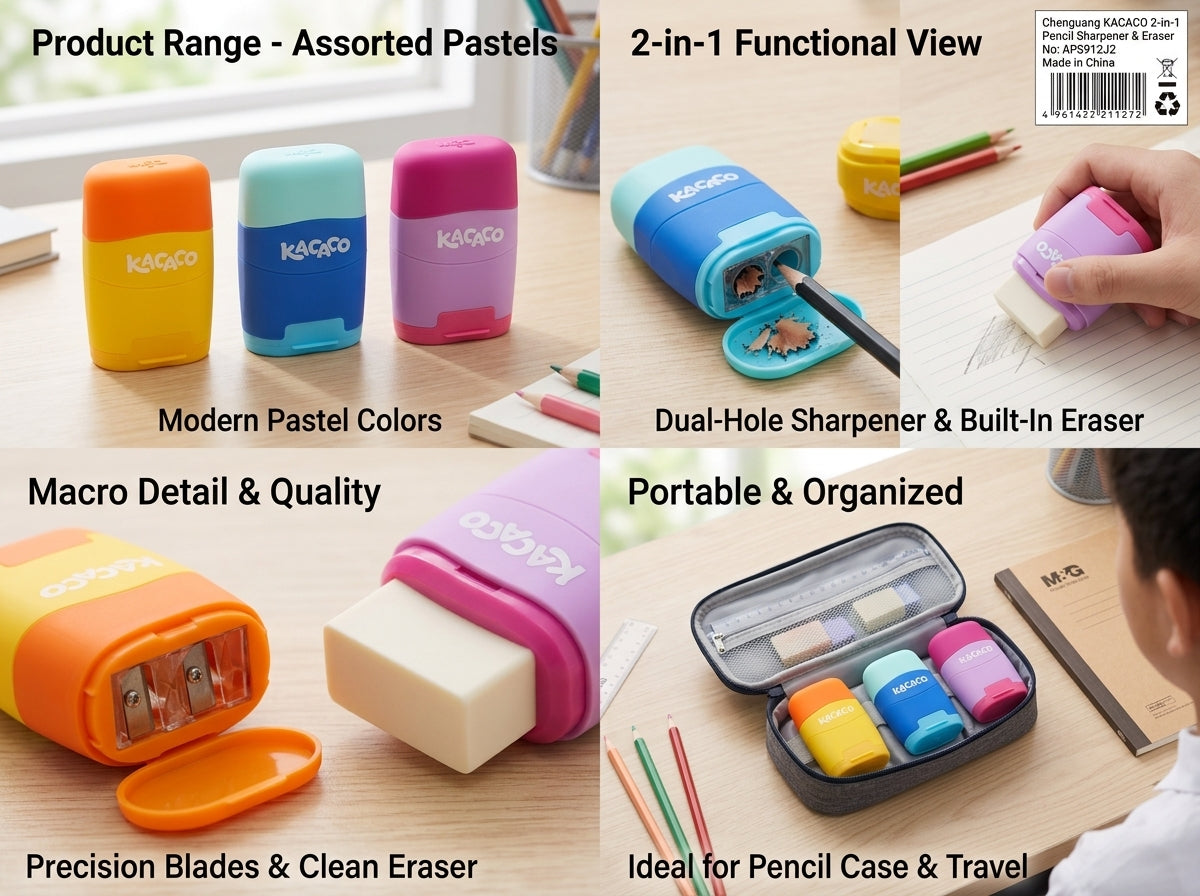 M&G Chenguang KACACO 2-in-1 Pencil Sharpener & Eraser – Dual-Hole Sharpener with Built-in Eraser, Portable School Stationery - 1pcs - No: APS912J2