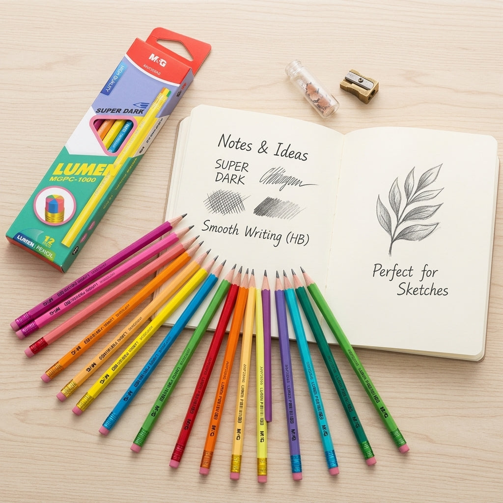 M&G Chenguang Lumen Pencils HB – Set of 12 Assorted Colors, Super Dark Graphite, Smooth Writing & Drawing Pencils, No: AWP309A8