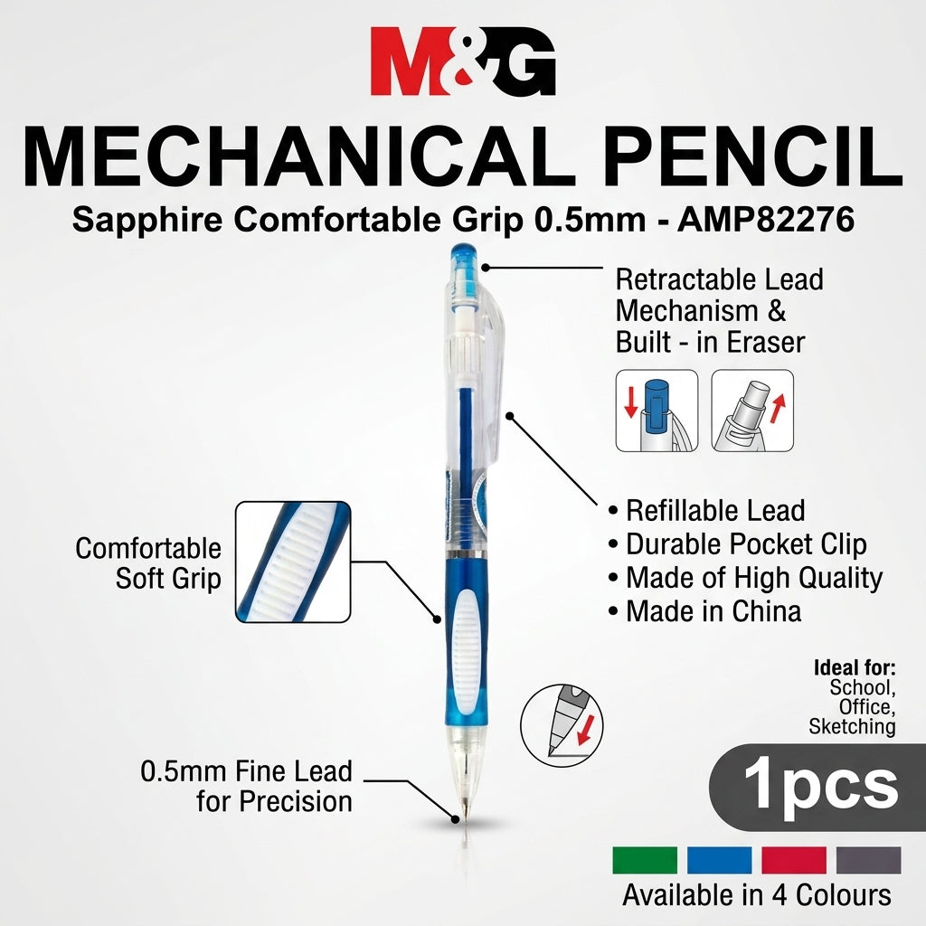 M&G Chenguang Sapphire Mechanical Pencil 0.5mm – Comfortable Soft Grip, Retractable Pencil with Eraser- 1pcs - No:AMP82276