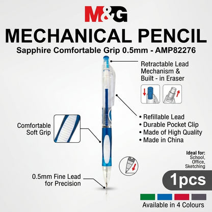 M&G Chenguang Sapphire Mechanical Pencil 0.5mm – Comfortable Soft Grip, Retractable Pencil with Eraser- 1pcs - No:AMP82276