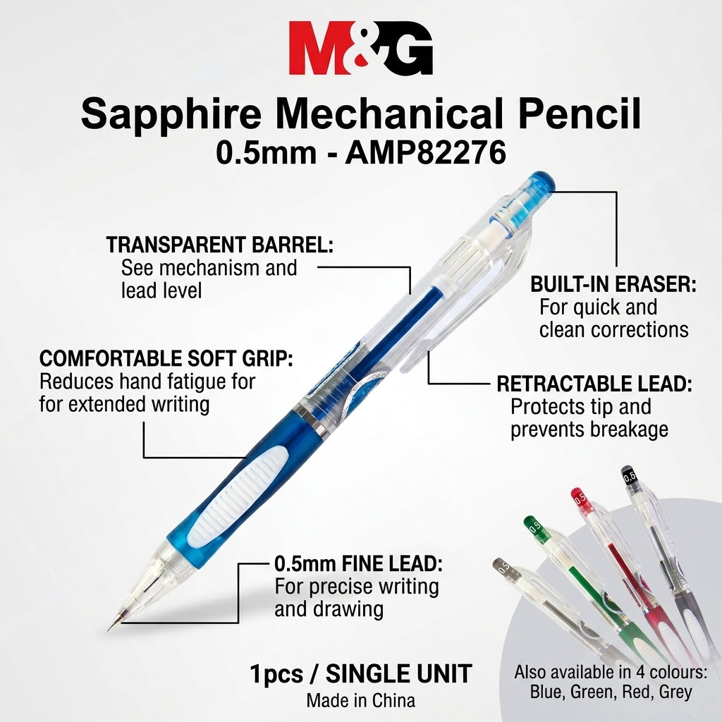 M&G Chenguang Sapphire Mechanical Pencil 0.5mm – Comfortable Soft Grip, Retractable Pencil with Eraser- 1pcs - No:AMP82276