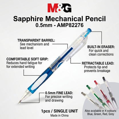 M&G Chenguang Sapphire Mechanical Pencil 0.5mm – Comfortable Soft Grip, Retractable Pencil with Eraser- 1pcs - No:AMP82276