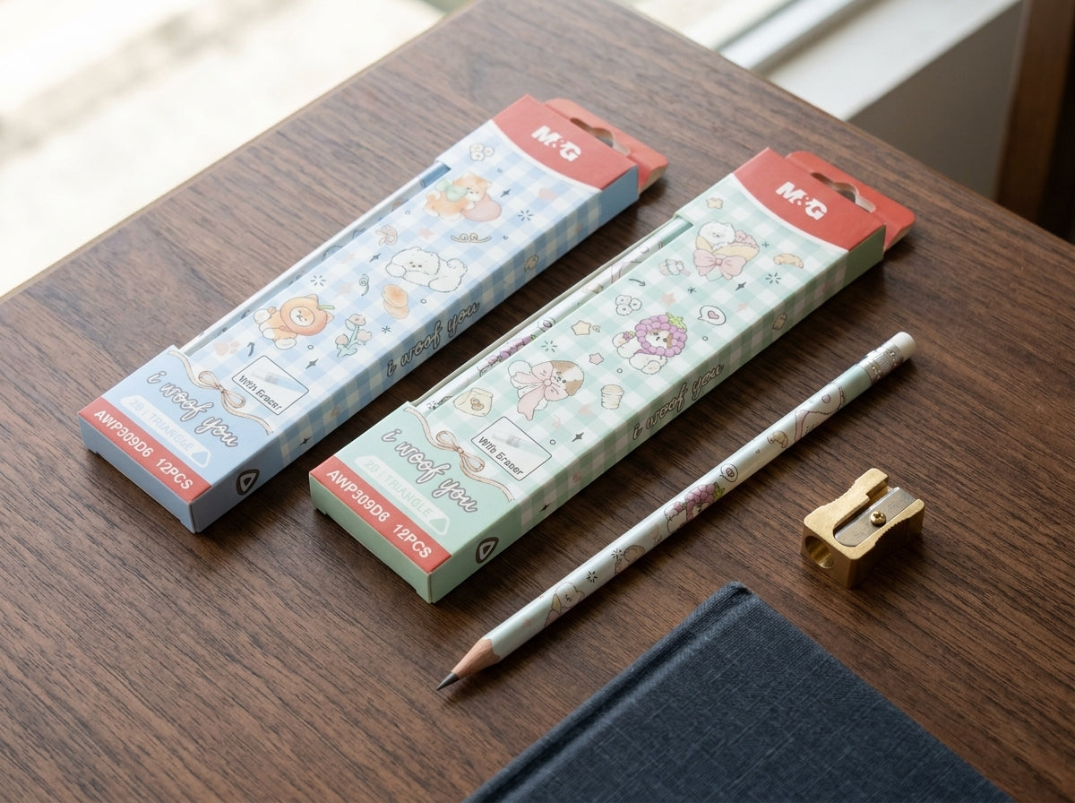 M&G Chenguang Woof You 2B Triangle Wooden Pencils with Eraser – 12-Pack, Cute Animal Design, Break-Resistant, Smooth Writing  - No: AWP309D6